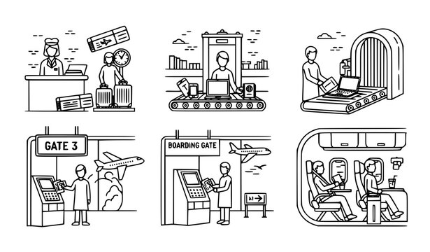 A collection of six minimalist vector illustrations depicting various airport scenes including check-in, security checks, boarding, and travelers onboard an airplane