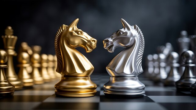 Golden and silver chess knights stand on a chessboard ready for strategic confrontation