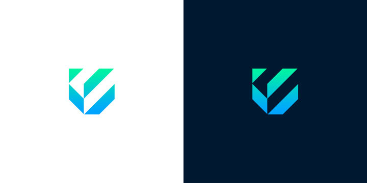 Abstract shield logo design featuring a vibrant gradient of blue and green, symbolizing security and innovation