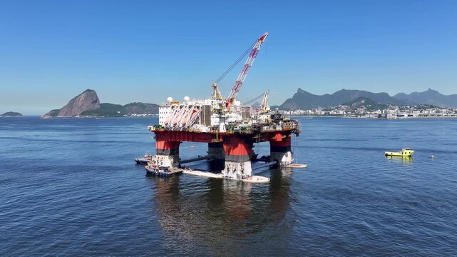 Oil Platform In Niteroi Rio De Janeiro Brazil. Breathtaking Aerial View Of Oil Exploration Platform Over Sea. Paradise Landscape Peaceful Wanderlust. Paradise Coast. Niteroi Rio de Janeiro.