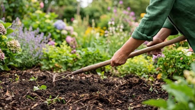 Woman gardener raking mulch in vibrant flower bed surrounded by blooming hydrangeas and perennials. Home outdoor horticulture and soil cultivation for spring garden maintenance and nature care