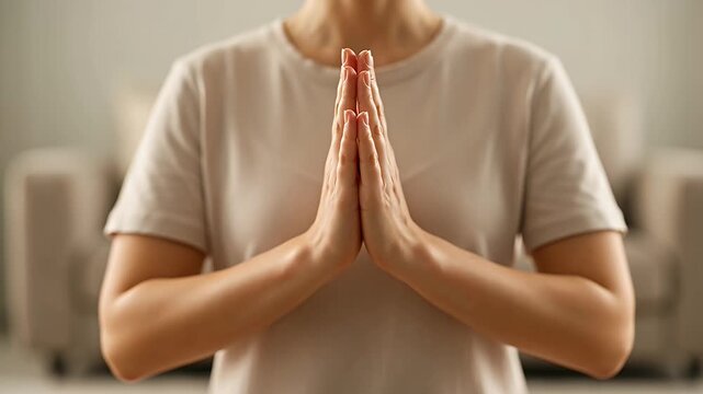 Woman meditating with hands in prayer position in a bright, peaceful space