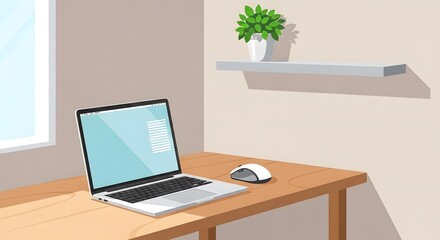 Fototapeta premium A minimalist workspace featuring a laptop and computer mouse on a wooden desk with a wall shelf