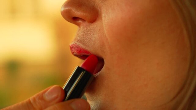 Lipstick application makeup close-up shot of a woman applying vibrant red lipstick to her lips for a glamorous beauty routine