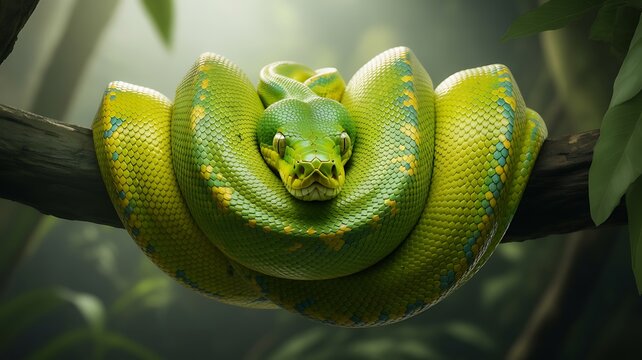 Green tree python coiled on a branch amidst lush green tropical leaves