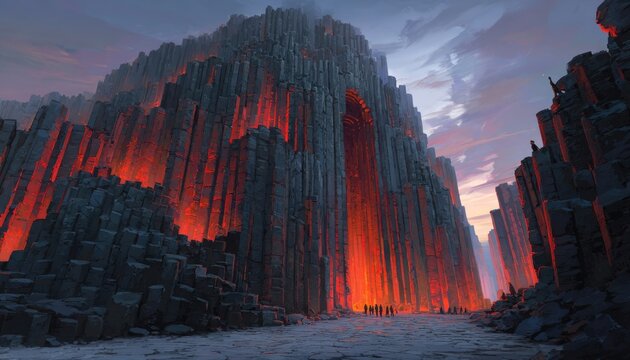A fortress made of giant, hexagonal basalt columns, home to a clan of mythical beings, fantasy architecture,