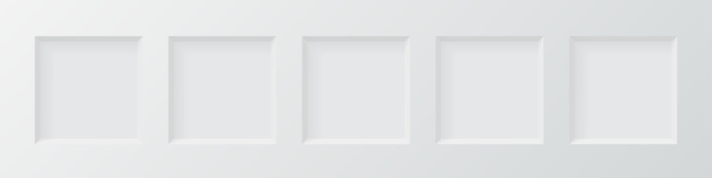 3d wall niche. Empty white square shelf. Inside frame. Display stand, showcase mockup. Showroom, gallery, studio or shop product presentation. Realistic vector illustrations set.