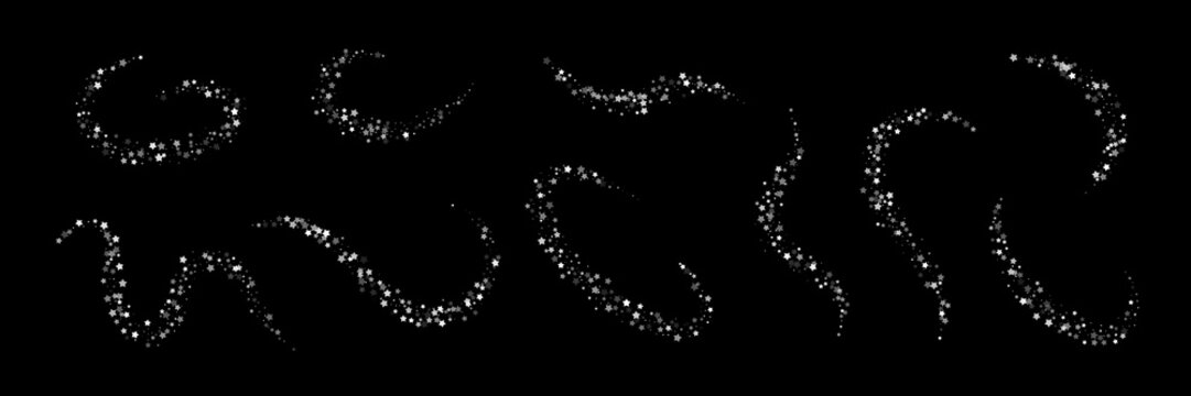 Magic silver dust light trail. Star sparkle trail shapes. Sparkling grey particles forming curved decorative arcs on dark background space. Festive vector illustration.