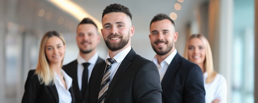 A confident team leader stands forward among a diverse group in a bright, premium office. Modern corporate teamwork and leadership are highlighted in this professional setting.