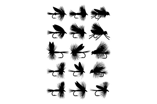 Set of Fly Fishing Lure Silhouettes Isolated on White