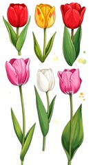 Obraz premium A vibrant illustration of six tulips in various colors