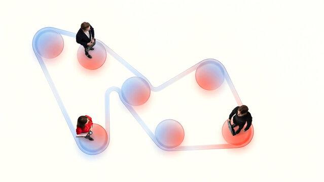 Business people standing on connected nodes representing workflow and interaction. Concept of structured workflow movement, step by step process, coordinated team actions, business flow system.
