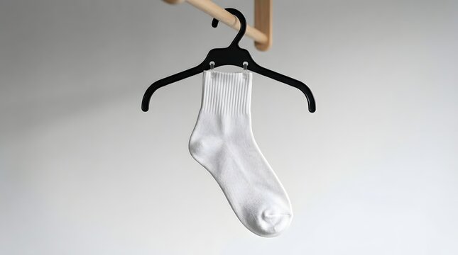 Single white athletic sock hanging neatly on a black plastic hanger against a plain background