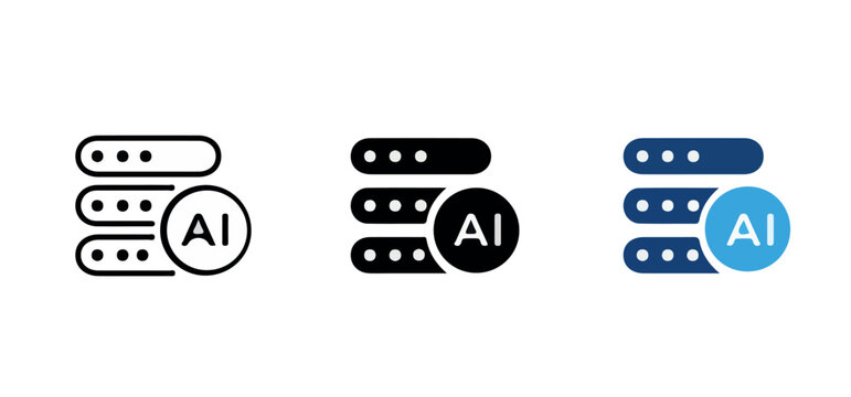 Artificial Intelligence Data Server and Machine Learning Storage Icon Set - Outline, Glyph, and Flat Style Vector Illustrations for Tech and Big Data Concepts