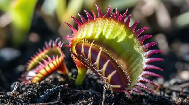 flytrap. Venus flytrap capturing insect in close view with natural light focus. gardening catalogs, home-decor guides, designed for home decor and floral branding, used by customer success managers.