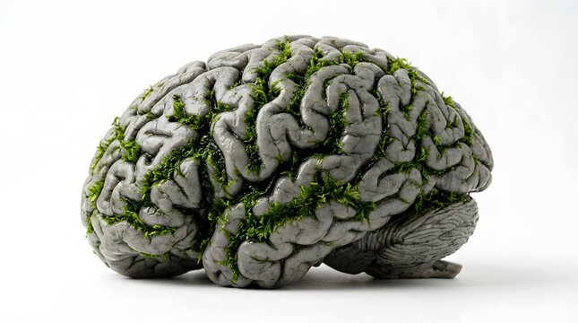Creative artistic sculpture of a human brain covered with green moss and plants symbolizing growth nature and knowledge