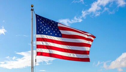Obraz premium American Flag Waving in the Breeze Under a Blue Sky