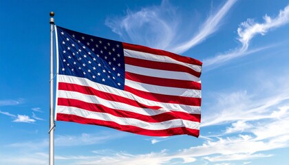 Obraz premium USA Flag Waving in a Bright Blue Sky with Wispy Clouds