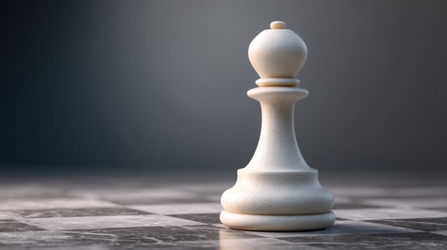Elegant white pawn chess piece standing prominently on a classic black and white checkered chessboard surface capturing attention in a minimalistic setting