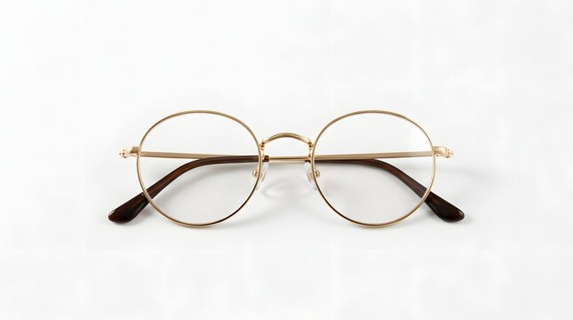 Stylish roundshaped eyeglasses with thin gold metal frames and dark brown temples are displayed fronton against a clean white background