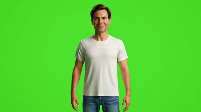 Smiling man in white t-shirt and jeans stands confidently against a vibrant green screen, ideal for chroma key, visual effects, and digital content