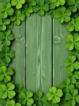 Green Shamrock Clover Border on Wooden Background Frame for St Patricks Day Design or Copy Space with Text Area