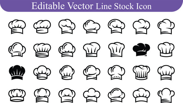 Editable vector line stock icon set of chef hats in various styles for culinary design with chef hat, cooking hat