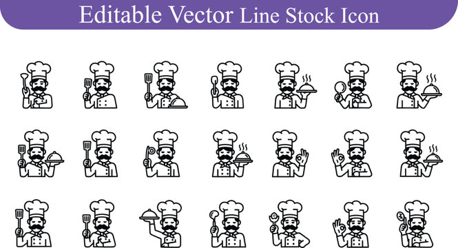 Set of male chef black silhouette vector icons with cooking utensils and serving dishes restaurant profession