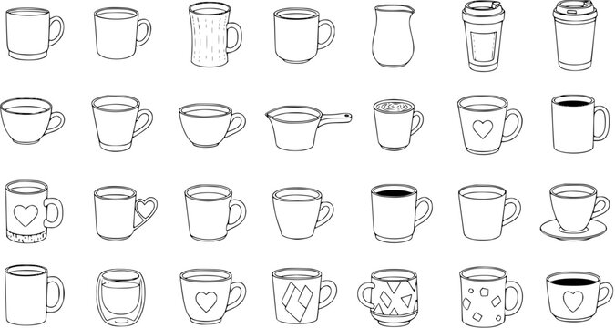 Black and White Line Art Collection of Various Coffee Mugs and Cups