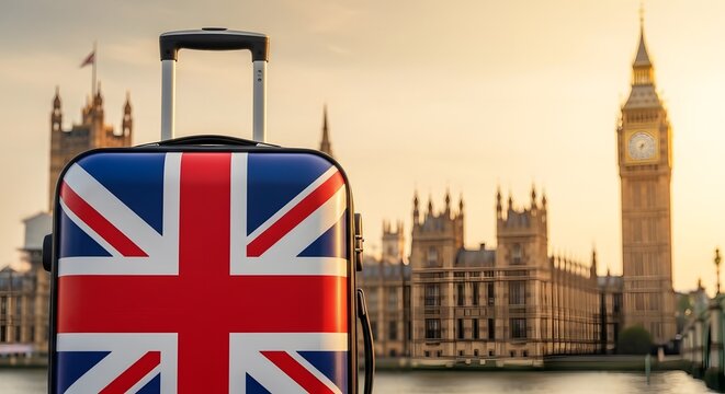 Celebrating flag day union jack suitcase in london with big ben and westminster abbey