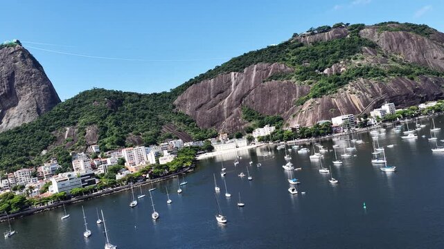 Urca Beach In Rio De Janeiro Brazil. Stunning Tropical Coastline Beach Scene Viewed From Above. Deserted Skyline Heaven Vibrant. Deserted Sea. Rio de Janeiro Brazil.