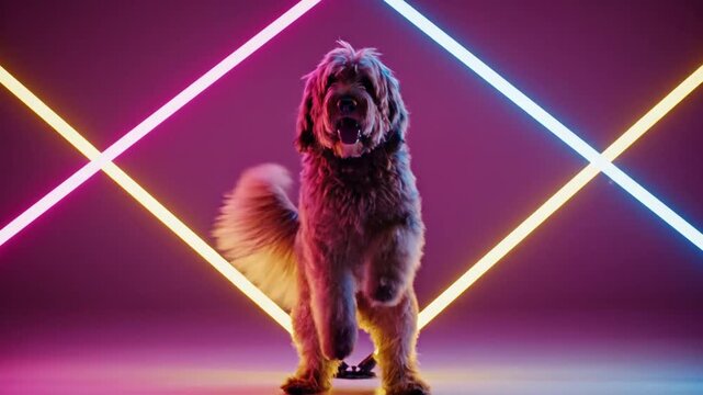 Shaggy brown dog stands on hind legs in a studio setting against a vibrant magenta background featuring crossed neon light tubes in blue, yellow, and pink with floor reflections.
