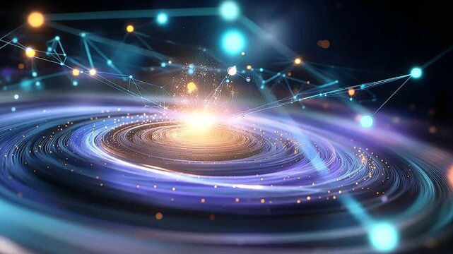 Cinematic abstract artwork of a spiral galaxy formed from neural connections and flowing binary streams, glowing blue, purple, emerald, and orange tones, consciousness and data fus