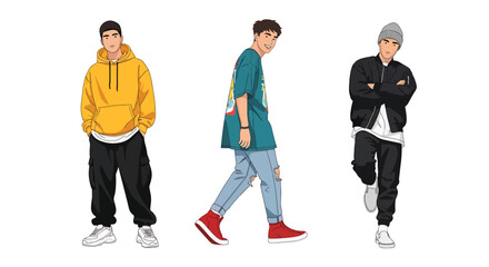 Fototapeta premium Collection set vector flat style of 3 men wearing streetwear outfits, modern urban fashion characters isolated on clean background for youth lifestyle concepts