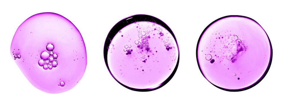 Set violet serum round drop gel with clear liquid niacinamide, hyaluronic or Aha Bha acids on a white or transparent isolated background. Textured swatch skincare. Laboratory cosmetics