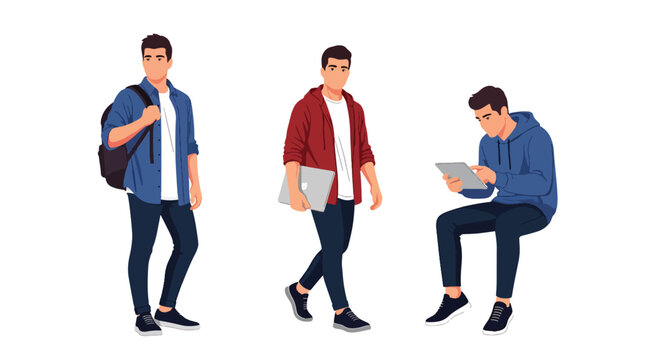 Collection set vector flat style of 3 male college students, casual learning lifestyle characters isolated on clean background for education and campus concepts