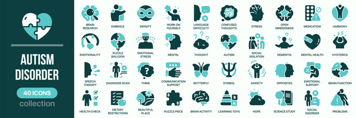 Fototapeta na wymiar Autism disorder fill icon collection. Includes mental health, therapy, communication, support, diagnosis and neurodevelopment condition symbols. Created in colored style with turquoise palette
