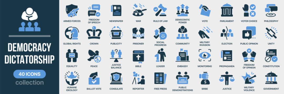 Democracy dictatorship fill icon collection. Includes government, power, law, rights, propaganda and political system symbols. Created in colored style with blue palette