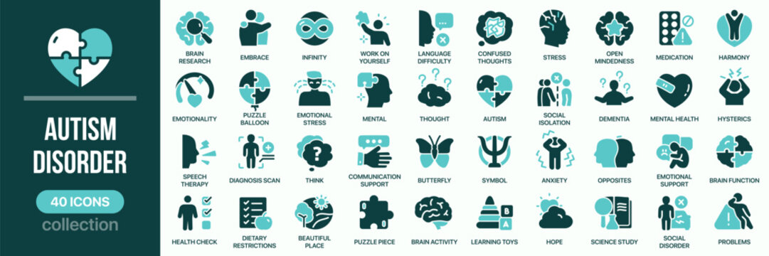 Autism disorder fill icon collection. Includes mental health, therapy, communication, support, diagnosis and neurodevelopment condition symbols. Created in colored style with turquoise palette