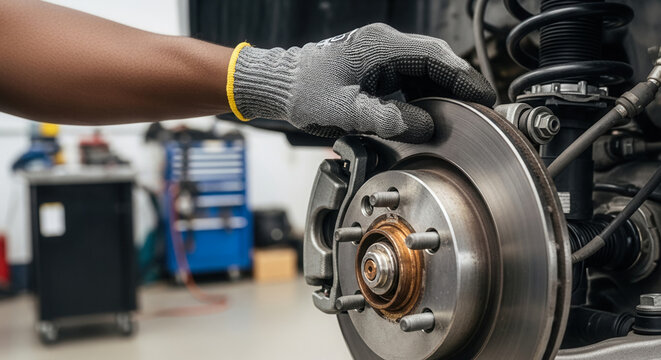 African-American mechanic hand gripping brake caliper on wheel hub in auto service bay, vehicle repair and maintenance work
