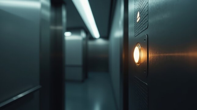 Panel de ascensor con bot&oacute;n de piso iluminado en un moderno edificio de oficinas, movimiento y progreso