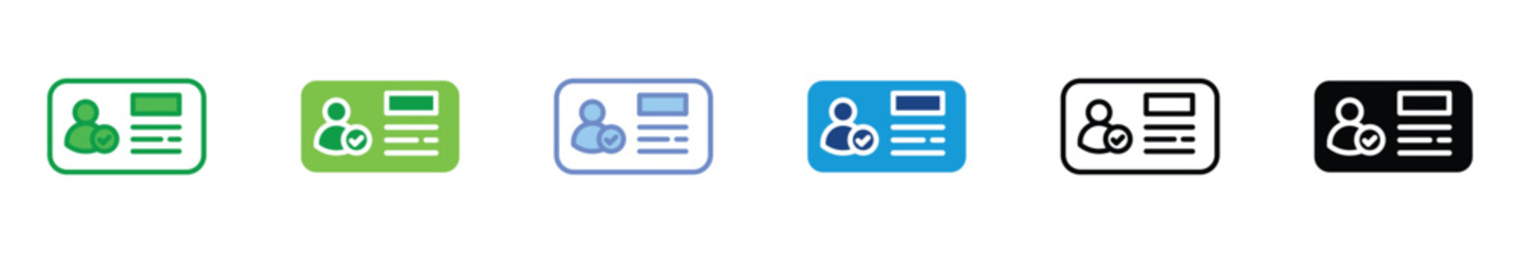 Verified User ID Card Icon Set, Identity Profile Badge with Checkmark Approval Symbol, Personal Identification UI Flat Design Vector Illustration 