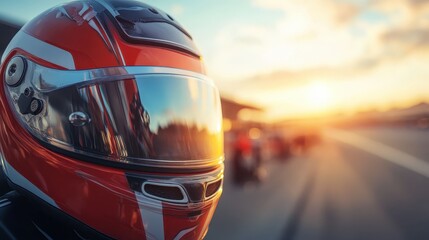Fototapeta premium Close-up of a racing helmet visor reflecting the setting sun over a racetrack, with a blurred pit stop background and soft golden lighting.