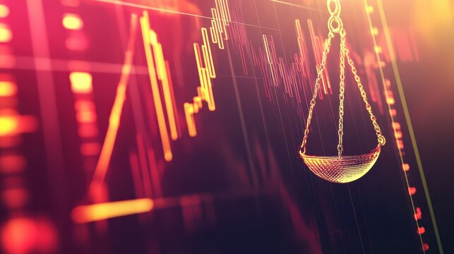 Financial Market Analysis and Legal Regulation, Depicting Economic Trends and Justice Scales in Warm Tones