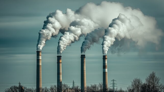 Industrial chimneys emitting thick plumes of smoke and pollution into an overcast sky above an urban landscape