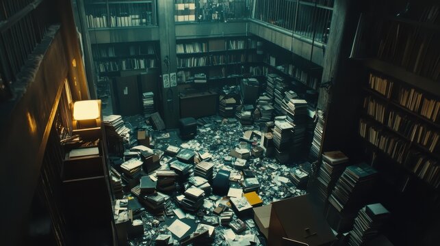 Overconsumption evident in a heavily cluttered hoarded library room with books piled high and scattered across the floor.