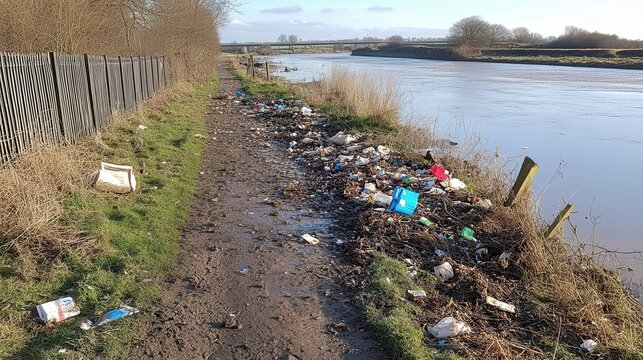 Significant plastic waste and litter accumulation along a muddy riverbank on a clear daylight day