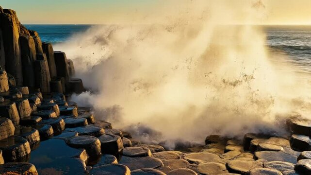 Dramatic ocean wave crashing against hexagonal basalt columns in the warm morning sunlight creating a powerful natural scene