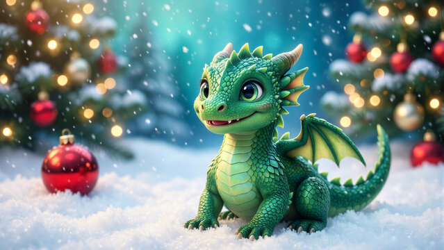 Cute green dragon sitting in the snow near decorated christmas trees