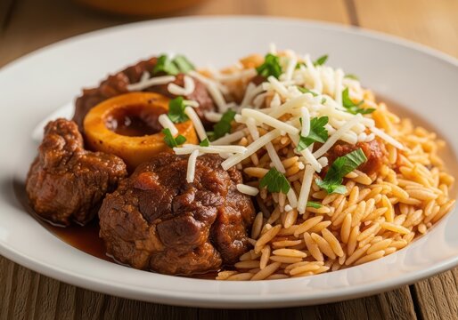 Osso buco with orzo pasta, topped with shredded cheese and fresh parsley on a white plate
